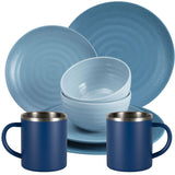 Melamin Geschirr Set Blau für 2 Personen 8 Teile mit Edelstahl Thermo Tassen doppelwandig - Tonoptik Essgeschirr - Campinggeschirr Picknick ideal für Camping modern Outdoor
