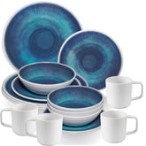Melamin Geschirr Set Jesolo Blau für 4 Personen - 16 Teile - mit 90°C-Tassen aus ABS-Kunstsoff mit Antislip-Funktion - Steingutoptik Campinggeschirr