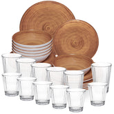 Melamin Geschirr Set Bambi Braun für 6 Personen - 30 Teile mit klaren Trinkgläsern 360+580 ml aus Acryl Steingutoptik Campinggeschirr