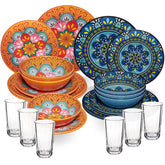 Melamin Geschirr Set Toskana Pastel für 6 Personen - 24 Teile - Orange-Blau - Mandala-Optik mit klaren Trinkgläsern 300 ml aus Acryl Spülmaschinengeeignet Campinggeschirr