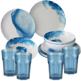 Melamin Geschirrset für 4 Personen - 16 Teile mit Trinkglas hellblau elegante Steingut Optik in weiss-blau Essgeschirr Wasserglas