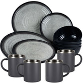 Melamin Geschirr Set Grau Schwarz für 4 Personen 16 Teile mit Edelstahl Thermo Tassen doppelwandig - Tonoptik Essgeschirr - Campinggeschirr Picknick ideal für Camping modern Outdoor