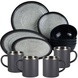Melamin Geschirr Set Grau Schwarz für 4 Personen 16 Teile mit Edelstahl Thermo Tassen doppelwandig - Tonoptik Essgeschirr - Campinggeschirr Picknick ideal für Camping modern Outdoor