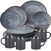 Melamin Geschirr Set Grau für 4 Personen 16 Teile mit Edelstahl Thermo Tassen doppelwandig - Tonoptik Essgeschirr - Campinggeschirr Picknick ideal für Camping modern Outdoor