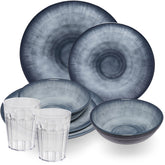 Melamin Geschirr Set Jesolo Grau für 2 Personen - 8 Teile - mit Trinkglas 450 ml klar Steingutoptik - Campinggeschirr Camping