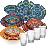 Melamin Geschirr Set Toskana für 4 Personen - 16 Teile - BUNT - Mandala-Optik mit klaren Trinkgläsern 580 ml aus Acryl Campinggeschirr