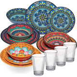 Melamin Geschirr Set Toskana für 4 Personen - 16 Teile - BUNT - Mandala-Optik mit klaren Trinkgläsern 580 ml aus Acryl Campinggeschirr