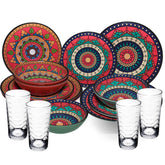 Melamin Geschirr Set Toskana Deep für 4 Personen - 16 Teile Rot-Grün - Mandala-Optik mit klaren Trinkgläsern 260 ml Campinggeschirr