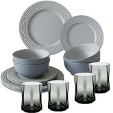 Melamin Geschirrset für 4 Personen - 16 Teile elegante Steingut Optik in Grau - mit grauem Trinkglas 300ml - Campinggeschirr Geschirrset Tafelgeschirr Spülmaschinengeeignet Tableware Outdoor Camping