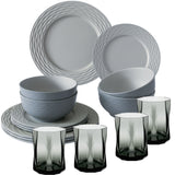 Melamin Geschirrset für 4 Personen - 16 Teile elegante Steingut Optik in Grau - mit grauem Trinkglas 300ml - Campinggeschirr Geschirrset Tafelgeschirr Spülmaschinengeeignet Tableware Outdoor Camping