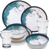PRODUKTSET - 33413+30663 - Hummelladen Melamingeschirrset Lagune mit klaren Gläsern 400ml 2 Personen