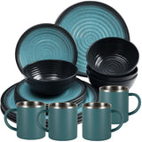 Melamin Geschirr Set Blau Schwarz für 4 Personen 16 Teile mit Edelstahl Thermo Tassen doppelwandig - Tonoptik Essgeschirr - Campinggeschirr Picknick ideal für Camping modern Outdoor