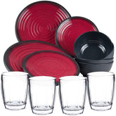 Melamin Geschirr Set Rot für 4 Personen 16 Teile mit Trinkglas klar schwarz Tonoptik - Essgeschirr Acryl Wasserglas - Campinggeschirr