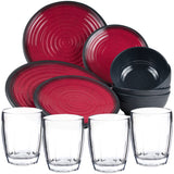 Melamin Geschirr Set Rot für 4 Personen 16 Teile mit Trinkglas klar schwarz Tonoptik - Essgeschirr Acryl Wasserglas - Campinggeschirr