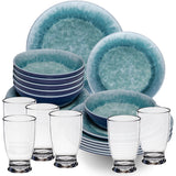 Melamin Geschirr Set Adria Blue für 6 Personen - 24 Teile Blau - mit klarem Trinkglas 380 ml aus Acryl Steingutoptik Campinggeschirr