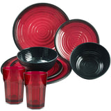 Melamin Geschirr Set für 2 Personen 8 Teile mit Trinkglas rot schwarz Tonoptik - Essgeschirr Acryl Wasserglas - Campinggeschirr