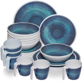Melamin Geschirr Set Jesolo Blau für 6 Personen - 24 Teile - mit Tassen Steingutoptik Campinggeschirr