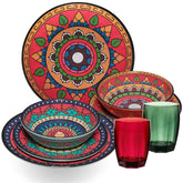Melamin Geschirr Set Toskana Deep für 2 Personen - 8 Teile - Rot-Grün - Mandala-Optik mit farblich passenden Trinkgläsern 320 ml Campinggeschirr