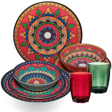 Melamin Geschirr Set Toskana Deep für 2 Personen - 8 Teile - Rot-Grün - Mandala-Optik mit farblich passenden Trinkgläsern 320 ml Campinggeschirr