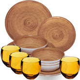 Melamin Geschirr Set Bambi Braun für 4 Personen - 16 Teile mit farblich passenden Trinkgläsern 400 ml aus Acryl Steingutoptik Campinggeschirr