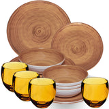 Melamin Geschirr Set Bambi Braun für 4 Personen - 16 Teile mit farblich passenden Trinkgläsern 400 ml aus Acryl Steingutoptik Campinggeschirr