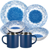 Melamin Geschirr Set Wish Flower Blau für 2 Personen - 8 Teile - mit Edelstahl Thermo Tassen Pusteblume Steingutoptik Spülmaschinengeeignet Essgeschirr Campingzubehör Campinggeschirr Wohnwagen Camping Festival Picknick Gartenparty