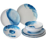 Melamin Geschirrset für 4 Personen - 12 Teile elegante Steingut Optik in weiss-blau Essgeschirr Wasserglas