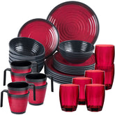 Melamin Camping Geschirr Set für 6 Personen - mit Tellern und Stapel-Tassen - 30 Teile - Rot-Schwarz Trinkglas 320 ml Steingut Optik Campinggeschirr