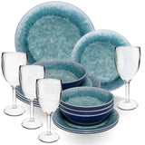 Melamin Geschirr Set Adria Blue für 4 Personen - 16 Teile Blau - klaren Weingläsern aus Acryl Steingutoptik Campinggeschirr