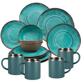 Melamin Geschirr Set Türkis für 4 Personen 16 Teile mit Edelstahl Thermo Tassen doppelwandig - Tonoptik Essgeschirr - Campinggeschirr Picknick ideal für Camping modern Outdoor