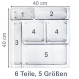 Schubladen Ordnungssystem 6 Teile 40x40 cm 5 Größen 5,5cm hoch klar transparent Antislip - Organizer für Schminktisch Kosmetik Bad Küche Kiste Besteck Aufbewahrungsbox Ordnungsbox Schubladeneinsatz