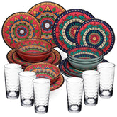 Melamin Geschirr Set Toskana Deep für 6 Personen - 24 Teile Rot-Grün - Mandala-Optik mit klaren Trinkgläsern 260 ml Essgeschirr Campinggeschirr
