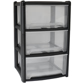 Schubladenbox mit 3 Schubladen 38x38x61 cm - schwarz-transparent Kunststoff Drawer Tower Box Organizer für Schreibtisch Easy-Pull-System