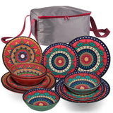 Melamin Geschirr Set Toskana Deep für 4 Personen - 13 Teile mit Tasche - Rot-Grün - Mandala-Optik Campinggeschirr