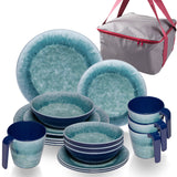 Melamin Geschirr Set Adria Blue für 4 Personen - 17 Teile Blau - mit Tassen und Aufbewahrungstasche Steingutoptik - Essgeschirrgeschirr