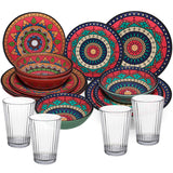 Melamin Geschirr Set Toskana Deep für 4 Personen - 16 Teile Rot-Grün - Mandala-Optik mit klaren Trinkgläsern 580 ml Campinggeschirr