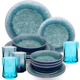 Melamin Geschirr Set Adria Blue für 4 Personen - 16 Teile Blau - mit farblich passenden Trinkgläsern 300 ml aus Acryl Steingutoptik Campinggeschirr