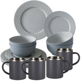 Melamin Geschirrset für 4 Personen - 16 Teile elegante Steingut Optik in Grau - mit Edelstahl Thermo Tassen - Campinggeschirr Geschirrset Tafelgeschirr Spülmaschinengeeignet Tableware Outdoor Camping