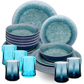 Melamin Geschirr Set Adria Blue für 6 Personen - 24 Teile Blau - mit farblich passenden Trinkgläsern 300 ml aus Acryl Steingutoptik Campinggeschirr