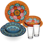 Melamin Geschirr Set Toskana Pastel für 2 Personen - 8 Teile - Orange-Blau - Mandala-Optik mit klaren Trinkgläsern 300 ml aus Acryl Campinggeschirr