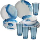 Melamin Geschirrset für 4 Personen - 16 Teile mit Trinkglas hellblau elegante Steingut Optik in weiss-blau Essgeschirr Gläser Wasserglas Tumbler Whiskey Campinggeschirr Picknick Camping Outdoor