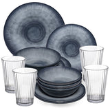 Melamin Geschirr Set Jesolo Grau für 4 Personen - 16 Teile - mit klarem Trinkglas 580ml - aus Acryl Steingutoptik Campinggeschirr