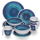 Melamin Geschirr Set Jesolo Blau für 4 Personen - 16 Teile - mit Tassen Steingutoptik Campinggeschirr