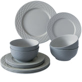 Melamin Geschirrset für 4 Personen - 12 Teile elegante Steingut Optik in Grau - Campinggeschirr Geschirrset Tafelgeschirr Spülmaschinengeeignet Tableware Outdoor Camping