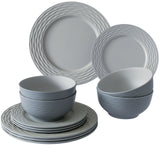 Melamin Geschirrset für 4 Personen - 12 Teile elegante Steingut Optik in Grau - Campinggeschirr Geschirrset Tafelgeschirr Spülmaschinengeeignet Tableware Outdoor Camping