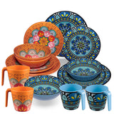 Melamin Geschirr Set Toskana Pastel für 4 Personen - 16 Teile - Orange-Blau - Mandala-Optik Essgeschirr Campinggeschirr