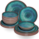 Melamin Geschirr Set Jesolo Grün für 6 Personen - 18 Teile - Steingutoptik Spülmaschinengeeignet - Essgeschirr Campingzubehör Campinggeschirr Wohnwagen Camping Festival Picknick Gartenparty