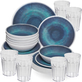 Melamin Geschirr Set Jesolo Blau für 6 Personen - 24 Teile - mit klarem Trinkglas 450ml aus Acryl Steingutoptik Campinggeschirr