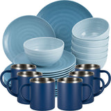 Melamin Geschirr Set Blau für 6 Personen 24 Teile mit Edelstahl Thermo Tassen doppelwandig - Tonoptik Essgeschirr - Campinggeschirr Picknick ideal für Camping modern Outdoor