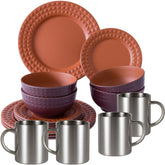 Melamin Geschirrset für 4 Personen - 16 Teile elegante Steingut Optik in Terracotta-Rot - mit Edelstahl Thermo Tassen - Campinggeschirr Geschirrset Tafelgeschirr Spülmaschinengeeignet Tableware Outdoor Camping